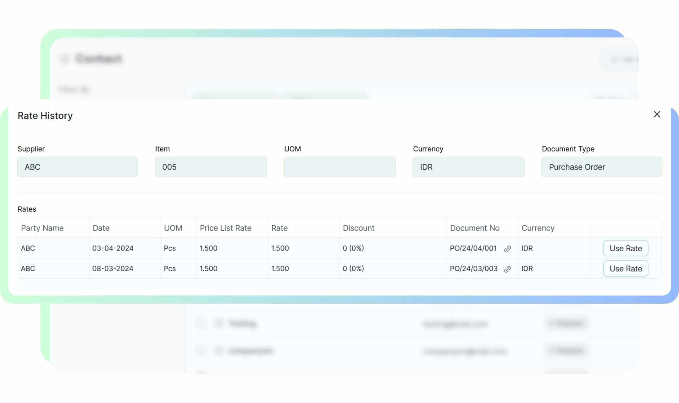 Lihat histori harga pembelian per item langsung dari form transaksi PO.